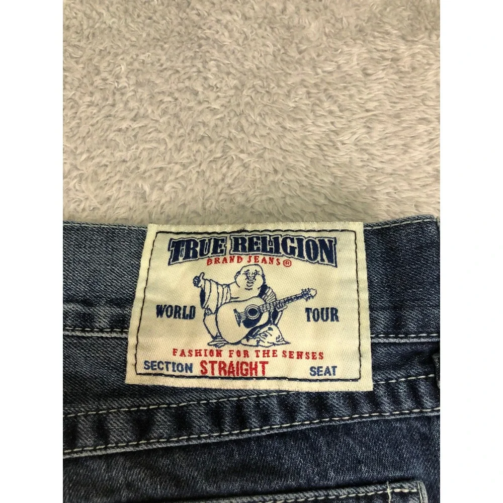 True Religion Jeans Men 40x30 (Tag 38) Blue Straight Flap Distressed Denim